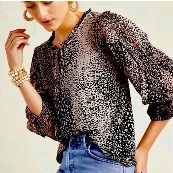 Anthropologie Tops - Maeve ANTHROPOLOGIE JACQUIN PEASANT Animal Print shimmer Viscose BLOUSE Size 1X